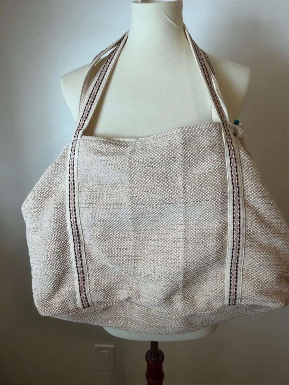 America & Beyond Hand-Embroidered Pink & Green Canvas Tote Bag